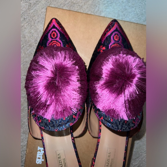 Size 41 - Aquazzura Powder Puff Pompom embellished Metallic Jacquard Mules - Picture 9 of 15